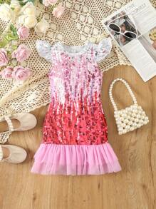 Baby Girl Contrast Sequin Ruffle Hem Dress - Multicolor - View 1