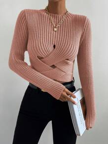 SHEIN Essnce Crisscross Cut Out Ribbed Knit Sweater - Dusty Pink - View 6