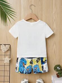 SHEIN Baby Boy Dinosaur Print Tee & Shorts - Blue - View 2