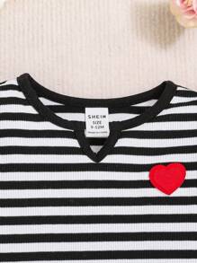 SHEIN 寶寶女孩休閒針織心形圖案條紋V領長袖上衣 - 黑色 - 查看 4