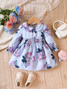 女嬰印花彼得潘領喇叭袖洋裝