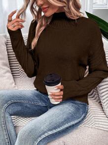 SHEIN LUNE Suéter de Gola Alta com Ombros Caídos, Blusas de Manga Longa Tricotadas, Suéter de Inverno - Chocolate - Visão 6