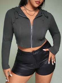 SHEIN ICON Plus Size Zip Up Drawstring Sweatshirt - Grey - View 5