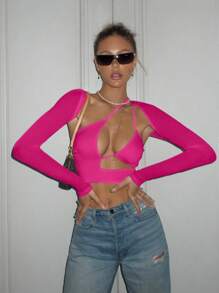 SHEIN ICON Cut Out Front Crop Top - Hot Pink - View 6