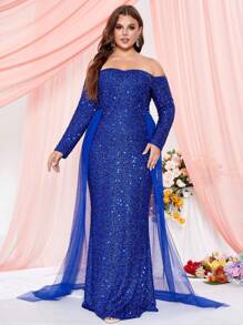 Hơn Off Shoulder Mảnh lưới Kim sa Ăn mặc trang trọng - Màu xanh lam - Xem 3