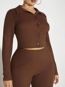 SHEIN SXY 大碼前紐扣T恤&喇叭褲 - 卡其色 - 查看 3