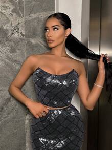 SHEIN SXY 淺彩色鱗片筒狀背心 - 黑色 - 查看 3