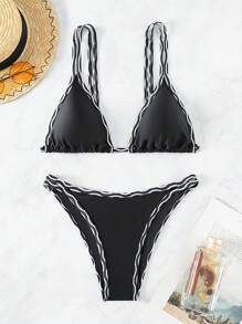 SHEIN Swim Summer Beach Contrast Binding Triangle Bikini Set - Black - View 8