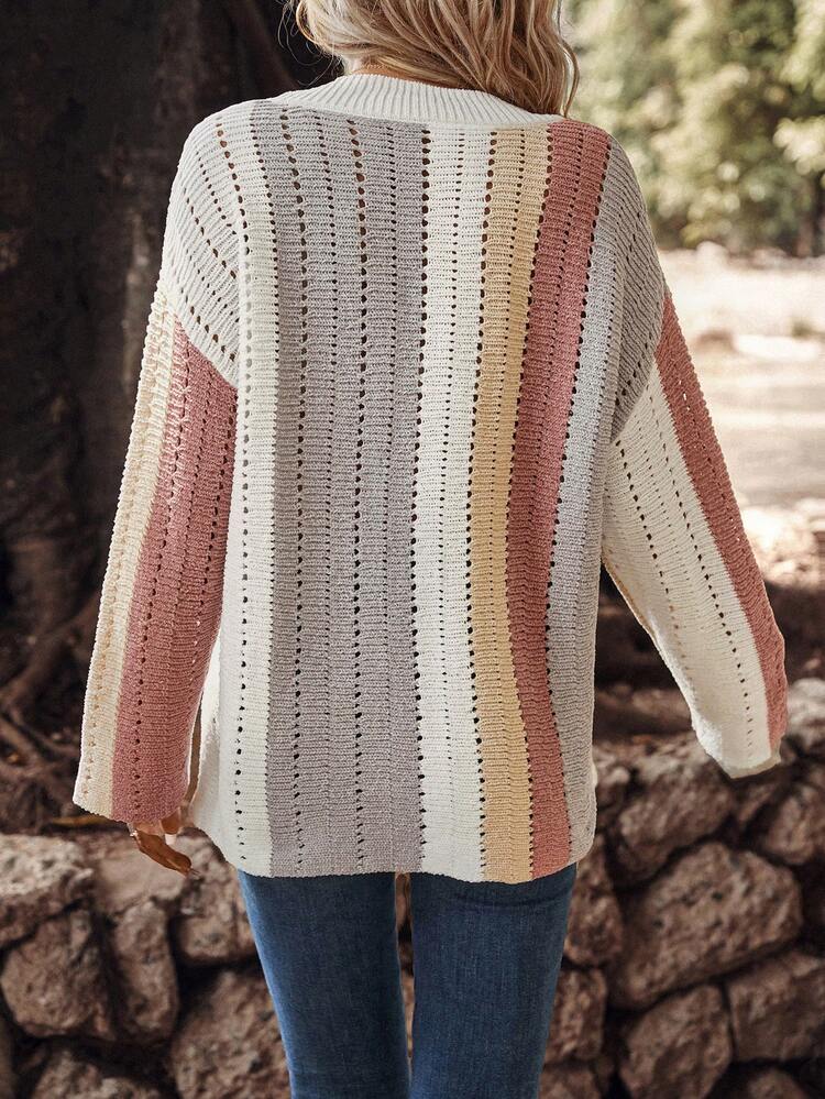 Color Block Drop Shoulder Pointelle Knit Sweater
