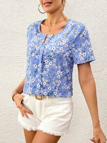 SHEIN LUNE Áo cổ chữ V in hoa Ditsy - Màu xanh nhạt - Xem 5