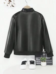 SHEIN Tween Boy Zip Up PU Leather Jacket - Black - View 2