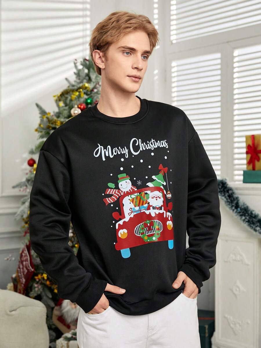 Manfinity Hypemode Sudadera De Gran Tamaño Con Hombros Caídos Y Estampado De Navidad Para Hombres - Negro - Ver 1