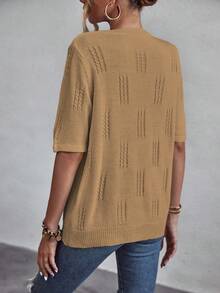 SHEIN LUNE Solid Pointelle Knit Top - Khaki - View 2