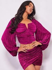 SHEIN BAE Notched Neckline Lantern Sleeve Crop Blouse - Hot Pink - View 1