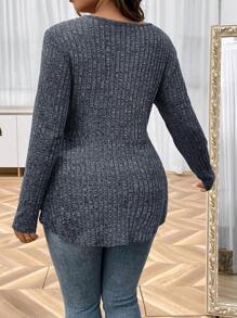 SHEIN LUNE Talla grande Camiseta tejido jaspeado con diseño de botón peplum - Gris - Ver 2