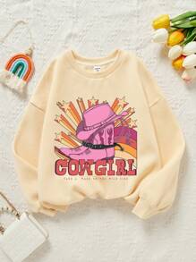 Tween Girl Cowboy Boots & Letter Graphic Thermal Lined Pullover - Beige - View 1