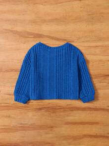 SHEIN Baby Girl Solid Color Long Sleeve Girl Casual Drop Shoulder And Double Needle Hem Knit T-Shirt - Royal Blue - View 2