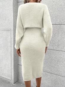 Chiquease 條紋針織落肩袖開襟開衫&毛衣洋裝 - 米色 - 查看 2