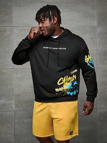 Manfinity RebelGame Men Plus Slogan Graphic Drawstring Hoodie & Shorts - Black - View 5