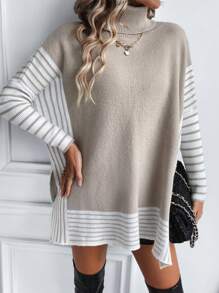 SHEIN LUNE Striped Pattern Turtleneck Drop Shoulder Knit Pullover Fall Winter Sweater - Khaki - View 5