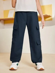 SHEIN Casual Loose Fit Cargo Pants For Tween Boys - Navy Blue - View 6