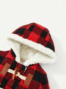 女嬰水牛格紋雙口袋連帽粗呢泰迪熊襯裡聖誕外套 - 紅色 - 查看 4