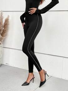 SHEIN Clasi 水鑽細節緊身褲 - 黑色 - 查看 3