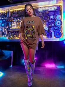 SHEIN Unity Áo thun Đồ họa Giải trí - Cà phê nâu - Xem 5