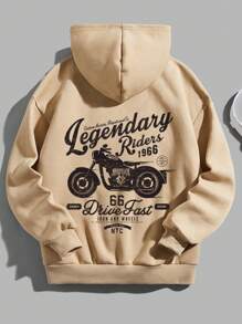 Áo nỉ giữ nhiệt cho bé trai tuổi teen, in hình xe máy và chữ cái, có túi kangaroo và dây rút. - Màu Khaki - Xem 1