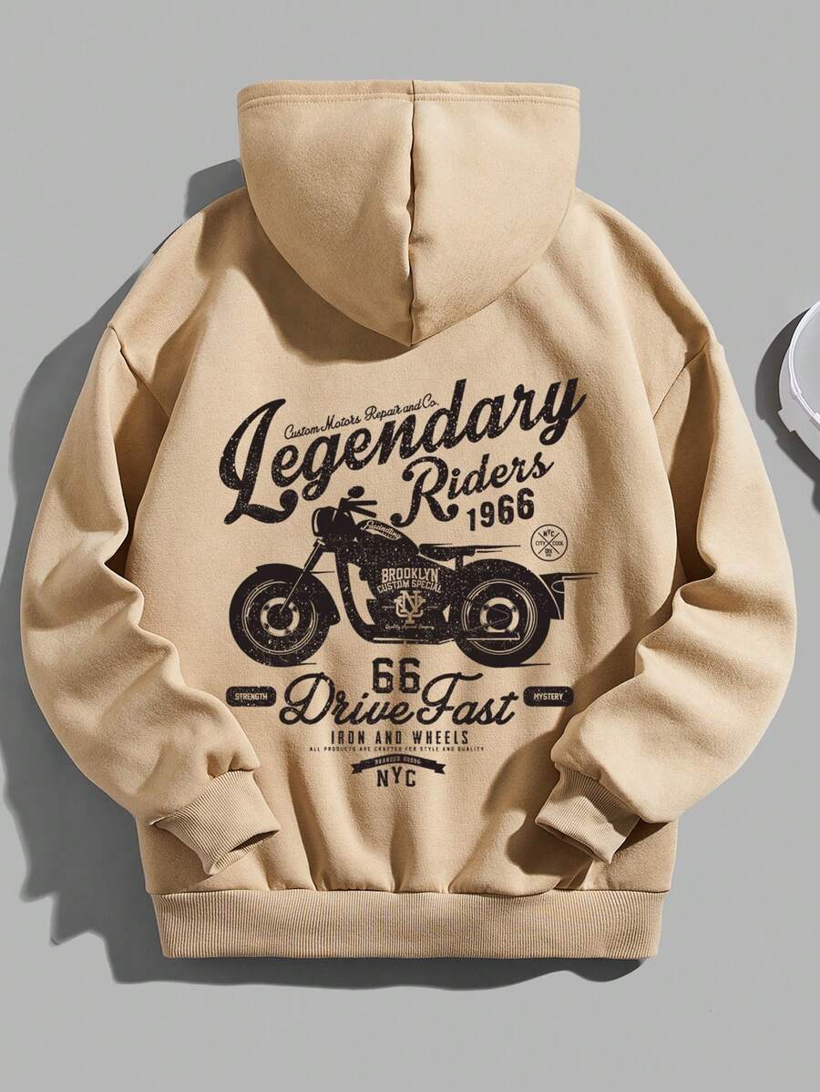 Áo nỉ giữ nhiệt cho bé trai tuổi teen, in hình xe máy và chữ cái, có túi kangaroo và dây rút. - Màu Khaki - Xem 1