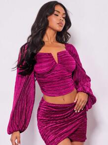 SHEIN BAE Notched Neckline Lantern Sleeve Crop Blouse - Hot Pink - View 5
