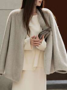 Solid Drop Shoulder Open Front Fuzzy Coat - Grey - View 3