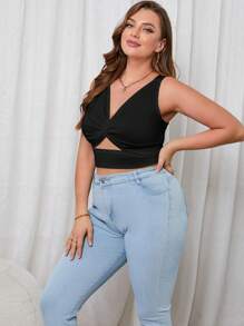 Firerie Plus Twist Front Cut Out Crop Tank Top - Black - View 4