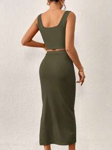 SHEIN Privé Solid Tank Top & Split Thigh Skirt - Army Green - View 2