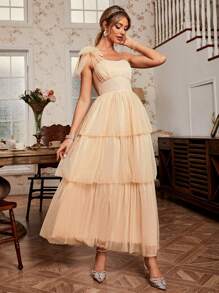 Simplee One Shoulder Frill Trim Mesh Overlay Dress - Apricot - View 1