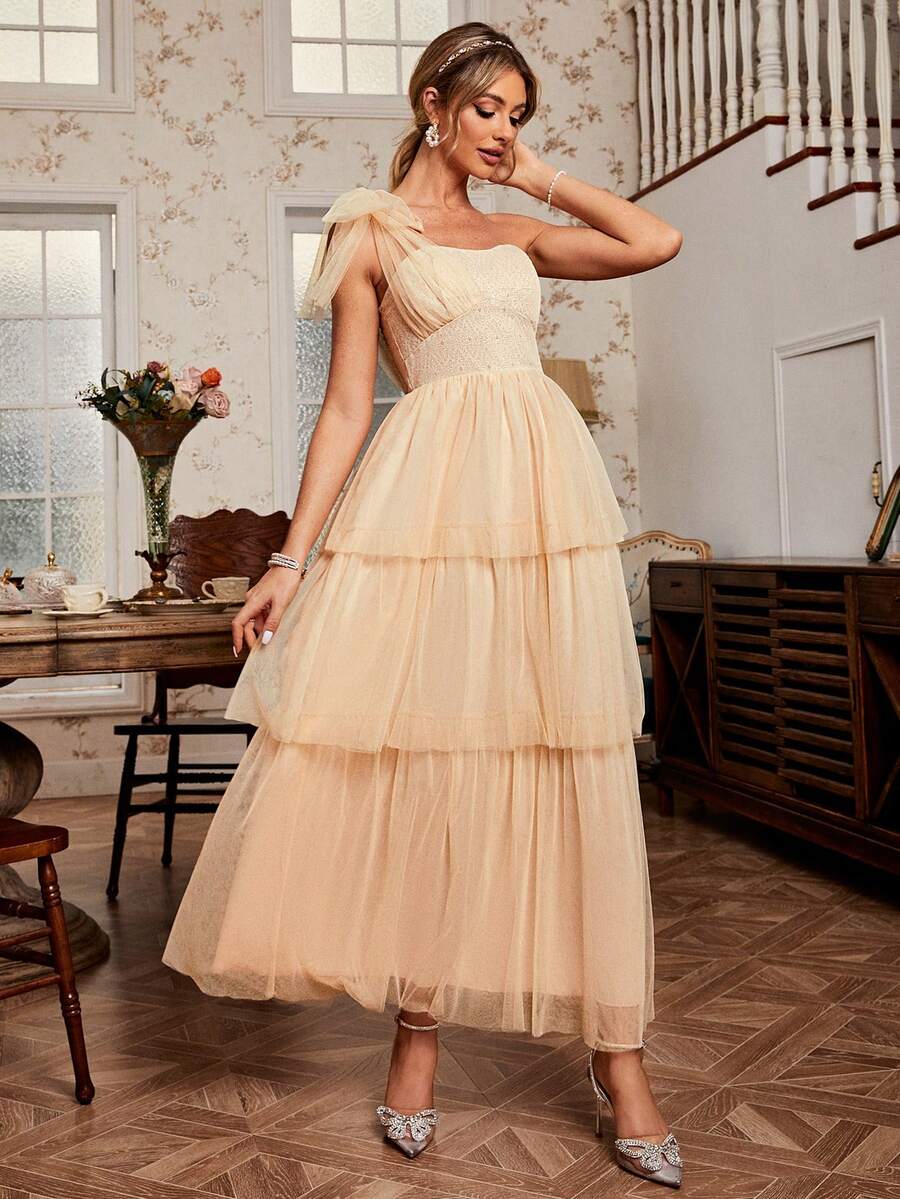 Simplee One Shoulder Frill Trim Mesh Overlay Dress - Apricot - View 1