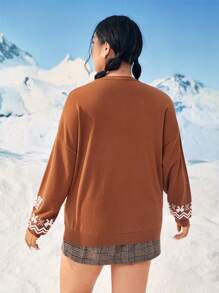 We Bare Bears X SHEIN Talla grande Jersey con patrón de dibujos animados de hombros caídos - Marrón - Ver 2