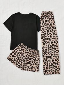 SHEIN Thiếu niên Cô gái Dệt kim In hoa Báo Áo thun , Quần short , Và Quần Trang phục mặc nhà Bộ - màu đen - Xem 2