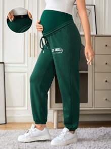 SHEIN Quần bó sát eo có dây rút đồ họa dành cho bà bầu - Màu xanh lá cây đậm - Xem 1