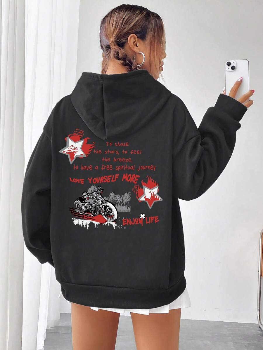 SHEIN EZwear Slogan Graphic Drop Shoulder Drawstring Thermal Lined Hoodie - Black - View 1