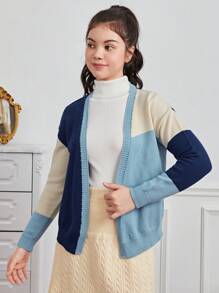 青少年女孩拼色落肩防塵開衫 - 藍色 - 查看 4