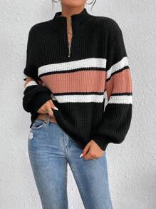 SHEIN LUNE Áo len chui đầu tay phồng phối màu, khóa kéo nửa thân, kiểu dáng thu đông. - Nhiều màu - Xem 5