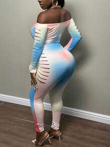 Slaydiva Ombre Off Shoulder Ladder Cut Out Unitard Jumpsuit - Multicolor - View 2