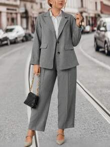 Calvaya Plus Lapel Neck Blazer & Suit Pants - Grey - View 1