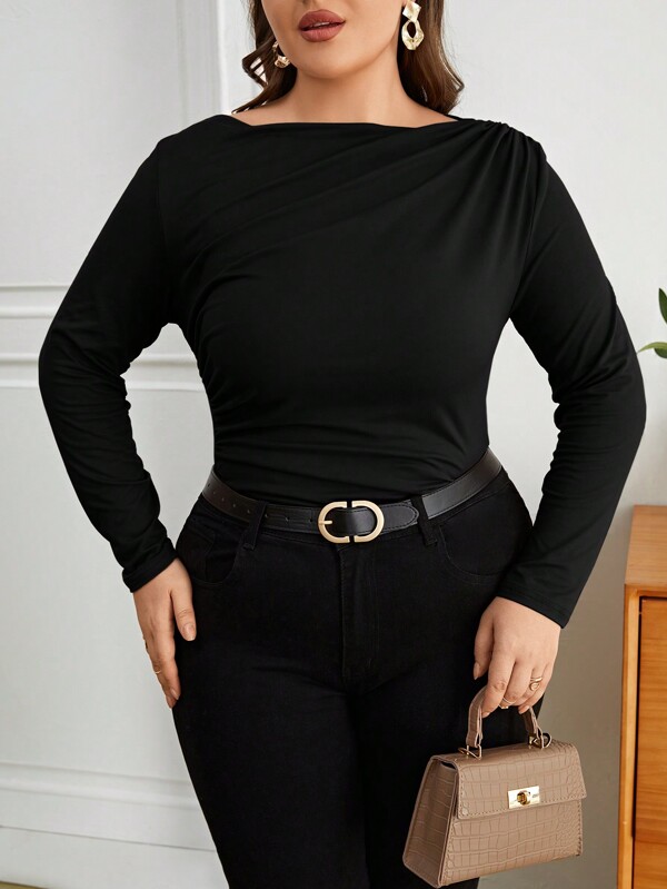 SHEIN Privé Talla grande Camiseta unicolor fruncido