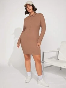 SHEIN BASICS Plus Button Front Bodycon Dress - Brown - View 5