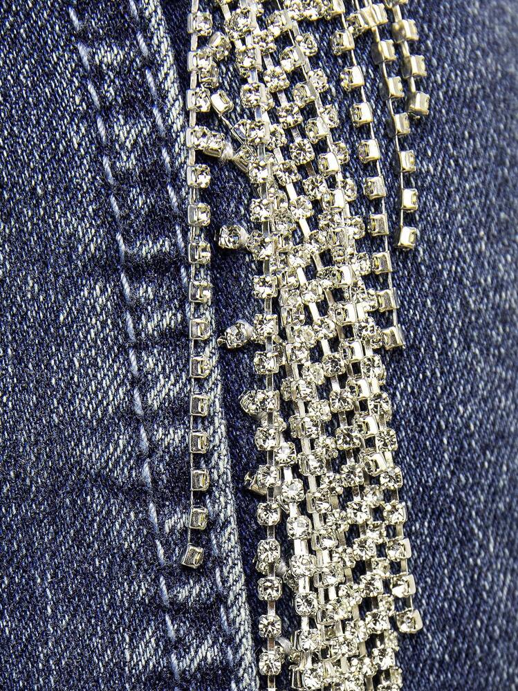 Denimoi Rhinestone Fringe Zip Up Cami Denim Romper | SHEIN USA