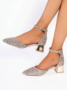 婚鞋適用於新娘,舒服的金色高跟鞋帶粗跟高跟鞋,水晶裝飾的伴娘鞋 - 金色 - 查看 3