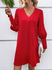 EMERY ROSE Button Back Gigot Sleeve Tunic Dress For New Year Clothes - Red - View 6