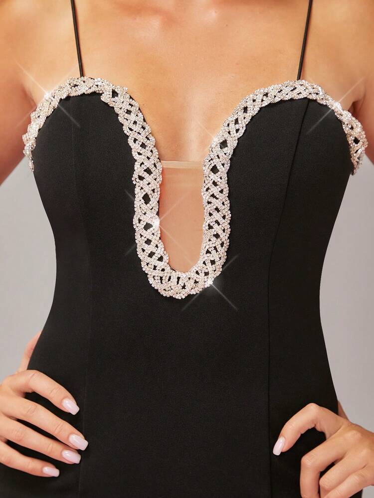 Rhinestone Trim Plunging Neck Cami Mini Dress
